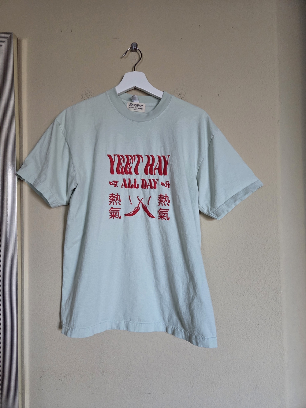 East/West Mint Seafoam Green Tee with Red Graphic Print Sustainable